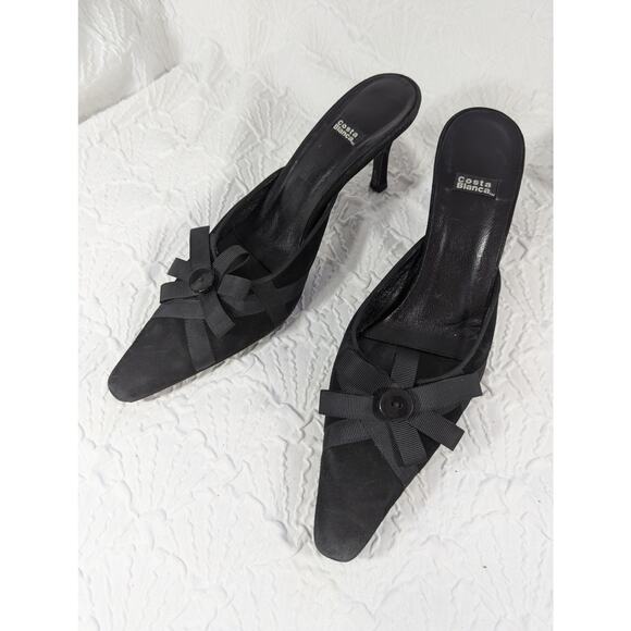 COSTA BLANCA! SUPER UNIQUE BLACK GENUINE SUEDE BOW DETAIL SLIDES, HEELS! SZ 9N - Picture 3 of 10